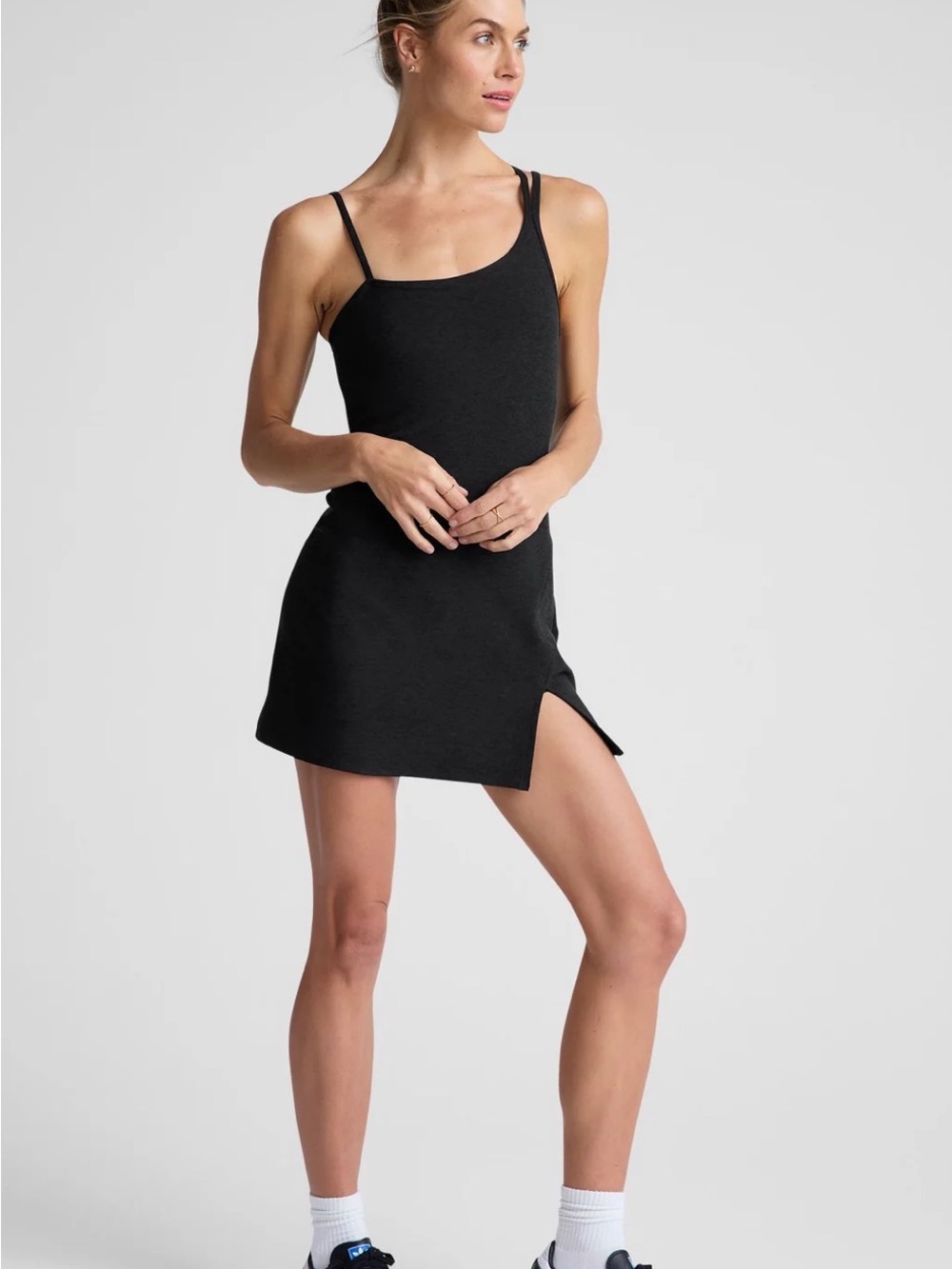Beyond Yoga Black Double-Strap Mini Dress with Side Notch